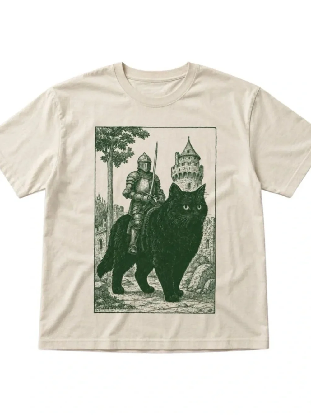 Cream Tee with Dark Green Knight-on-Cat Graphic